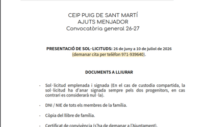 Oberta la convocatòria d’ajuts de menjador per al curs 2026-2027